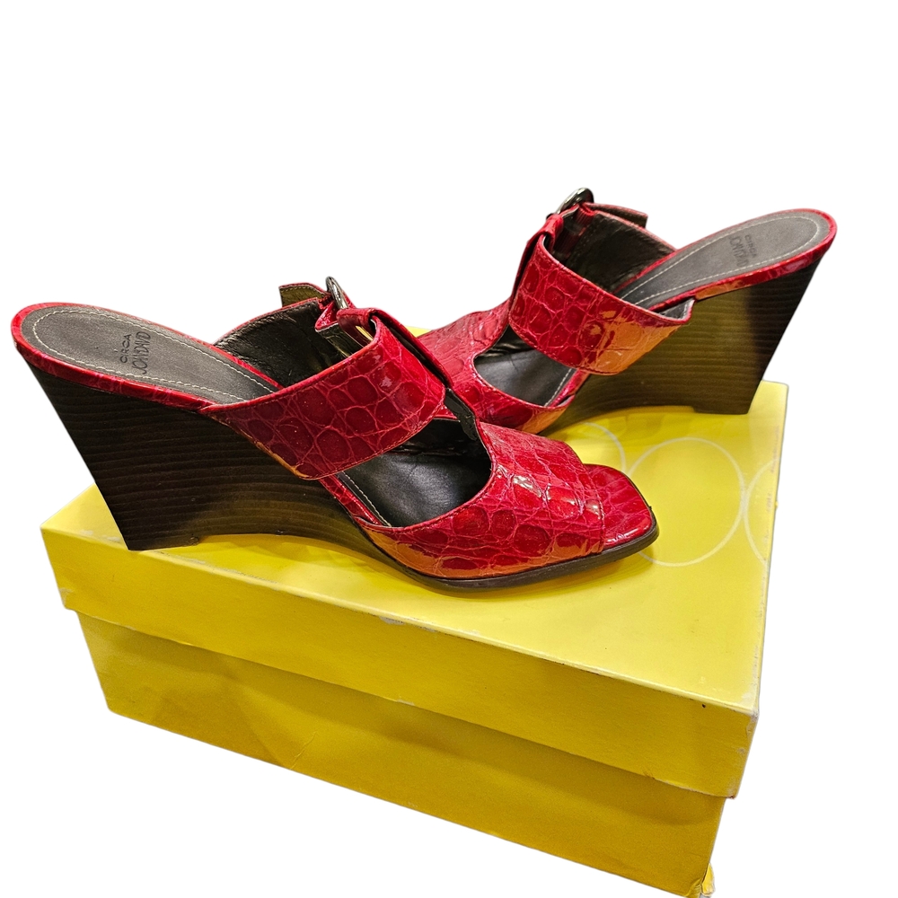 Joan & David Orchid Dark Red Croc Pattern Square Toe Wedge Sandals Size 6.5 - Picture 3 of 11